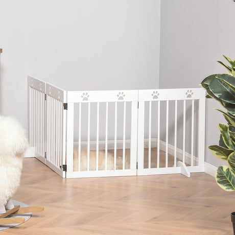 Freestanding Pet Gate 4 Panel Wooden Dog Barrier Folding Safety Fence with Support Feet up to 204cm Long 61cm Tall for Doorway Stairs, PawHut, White