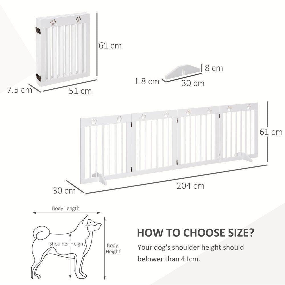 Freestanding Pet Gate 4 Panel Wooden Dog Barrier Folding Safety Fence with Support Feet up to 204cm Long 61cm Tall for Doorway Stairs, PawHut, White
