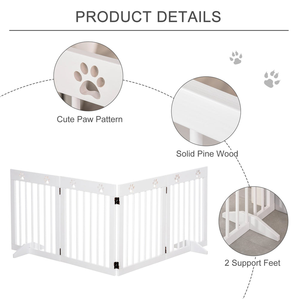 Freestanding Pet Gate 4 Panel Wooden Dog Barrier Folding Safety Fence with Support Feet up to 204cm Long 61cm Tall for Doorway Stairs, PawHut, White