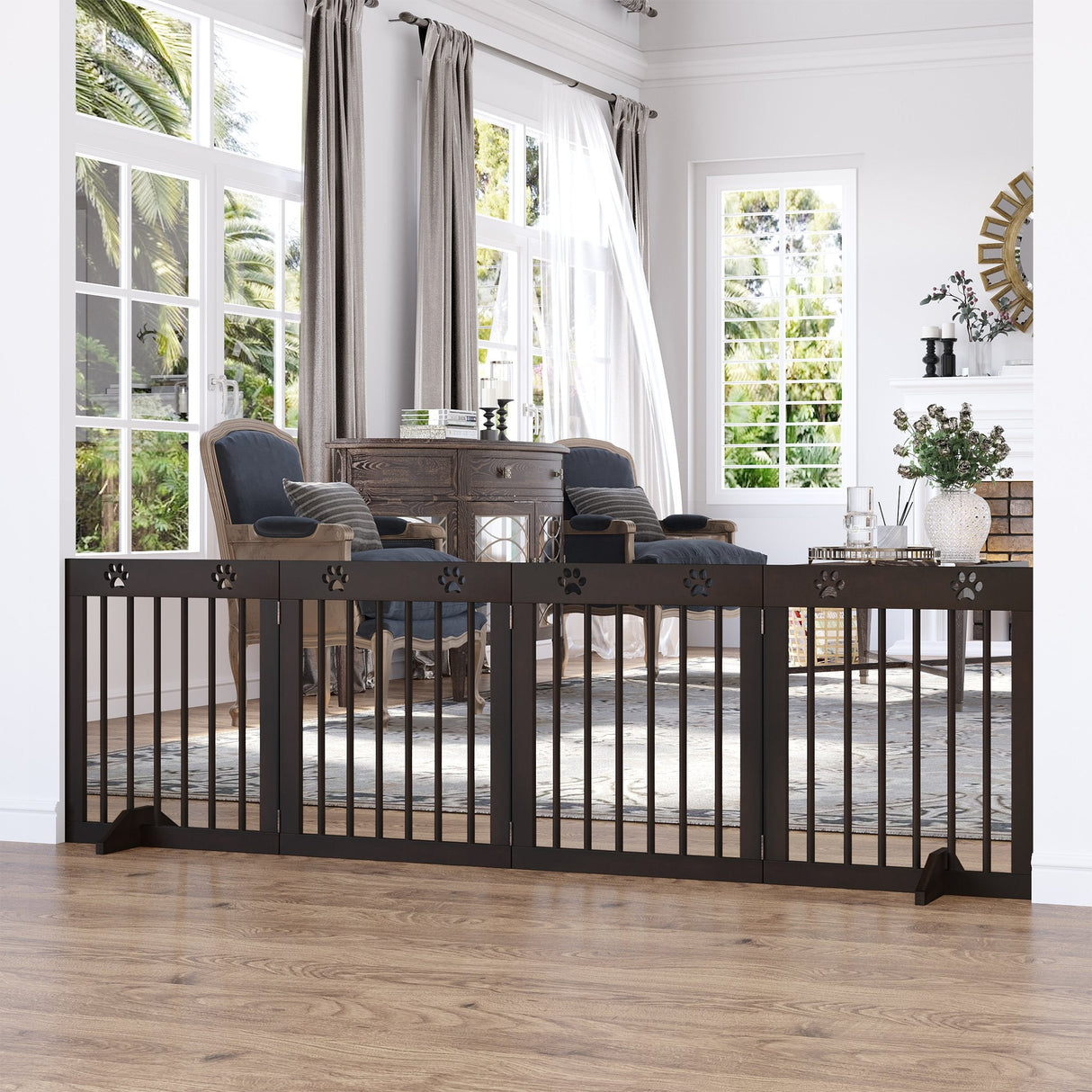 Freestanding Pet Gate 4 Panel Wooden Dog Barrier Folding Safety Fence with Support Feet up to 204cm Long 61cm Tall for Doorway Stairs, PawHut, White