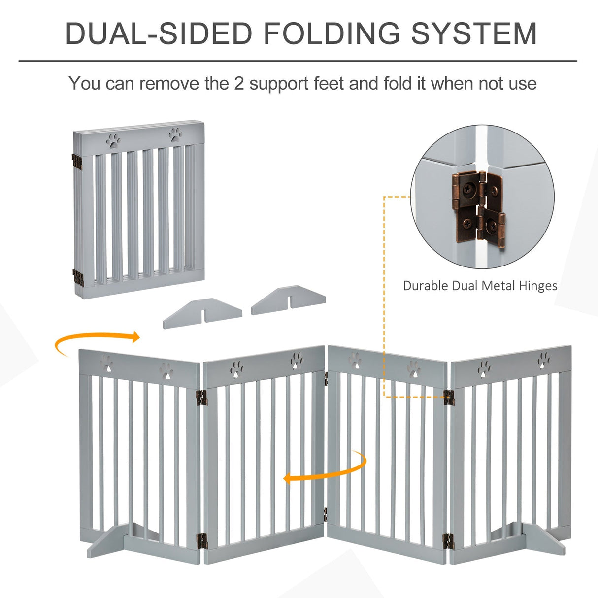 Freestanding Pet Gate 4 Panel Wooden Dog Barrier Folding Safety Fence with Support Feet up to 204cm Long 61cm Tall for Doorway Stairs, PawHut, White