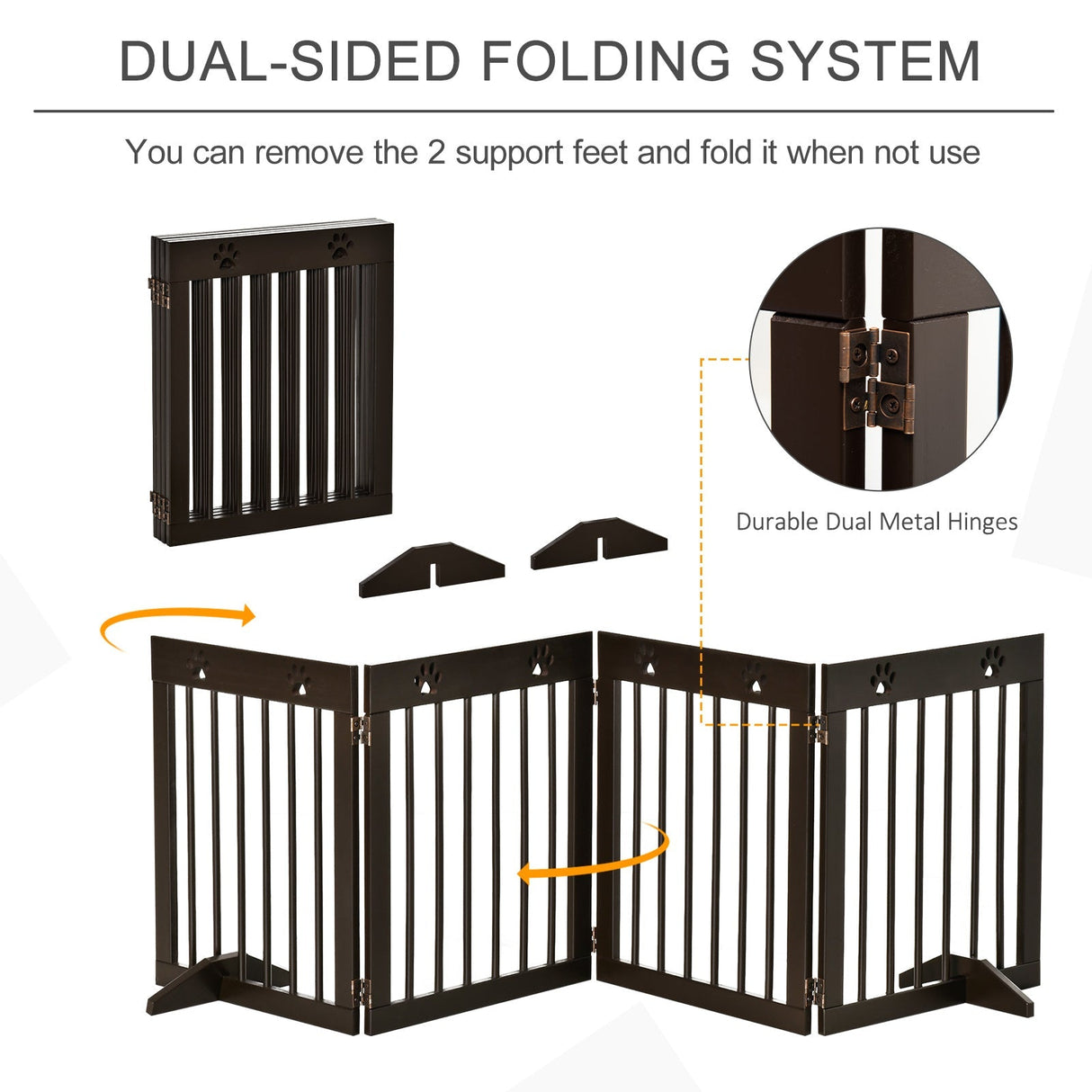 Freestanding Pet Gate 4 Panel Wooden Dog Barrier Folding Safety Fence with Support Feet up to 204cm Long 61cm Tall for Doorway Stairs, PawHut, White