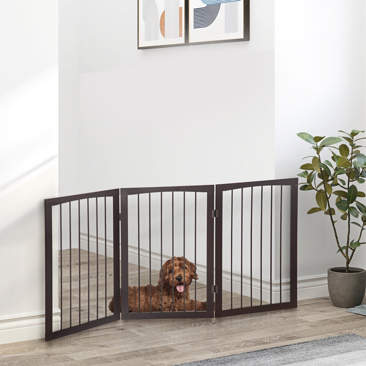 Freestanding Small Wooden Pet Safety Gate Room Separator - Dark Brown, PawHut,