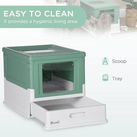 Hooded Cat Litter Box with Scoop, Easy-Clean Design, 47.5L cm, PawHut, Green