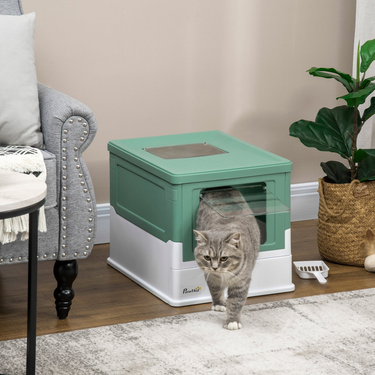 Hooded Cat Litter Box with Scoop, Easy-Clean Design, 47.5L cm, PawHut, Green