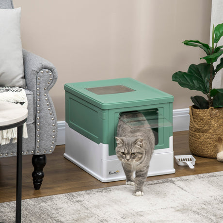 Hooded Cat Litter Box with Scoop, Easy-Clean Design, 47.5L cm, PawHut, Green