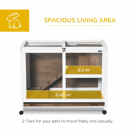 Indoor Wooden Rabbit Hutch, Guinea Pig House, Two Tier with Openable Roof, Wheels, Slide-out Tray, 91.5 x 53.3 x 73 cm, PawHut, Brown