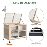 Indoor Wooden Rabbit Hutch, Guinea Pig House, Two Tier with Openable Roof, Wheels, Slide-out Tray, 91.5 x 53.3 x 73 cm, PawHut, Brown