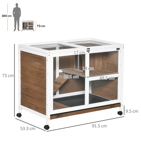 Indoor Wooden Rabbit Hutch, Guinea Pig House, Two Tier with Openable Roof, Wheels, Slide-out Tray, 91.5 x 53.3 x 73 cm, PawHut, Brown