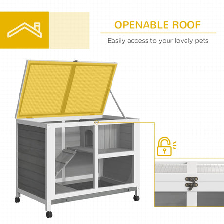 Indoor Wooden Rabbit Hutch, Guinea Pig House, Two Tier with Openable Roof, Wheels, Slide-out Tray, 91.5 x 53.3 x 73 cm, PawHut, Brown