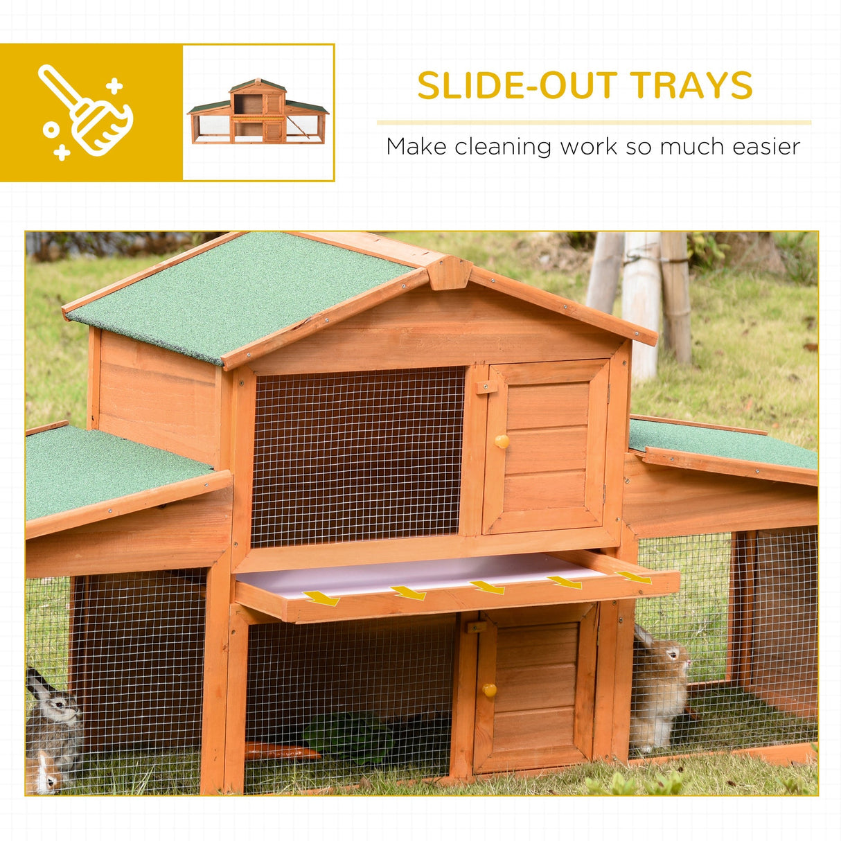 Large Rabbit Hutch Outdoor, Guinea Pig Hutch, Wooden Small Animal House, with Rabbit Run, 215 x 63 x 100 cm, PawHut,