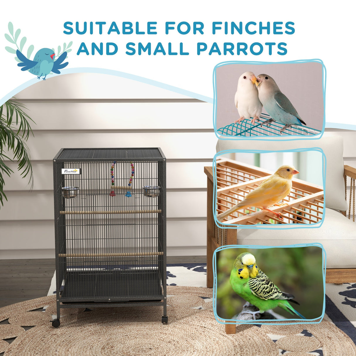 Mobile Bird Cage with Stand for Small Birds | Perches & Swing, PawHut,