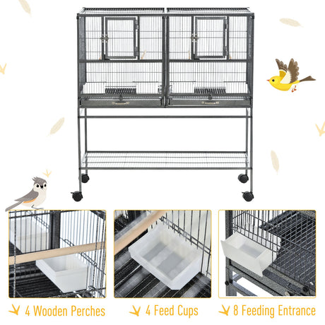 Mobile Double Parrot Cage with Perches and Storage, PawHut,