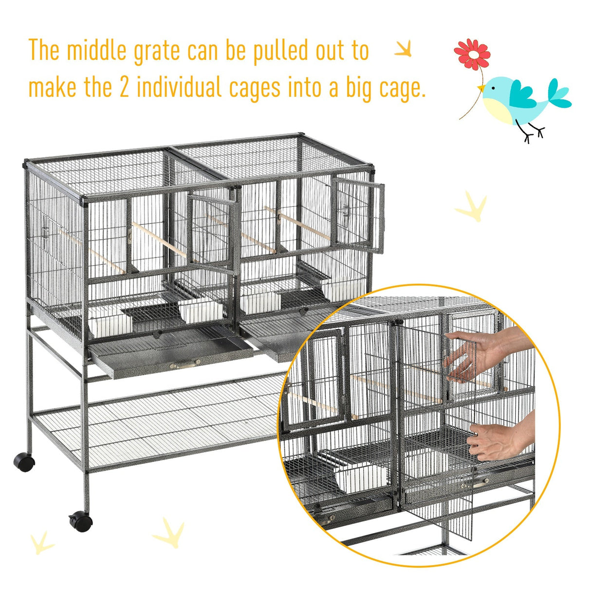 Mobile Double Parrot Cage with Perches and Storage, PawHut,