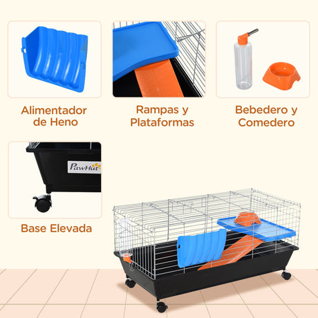 Mobile Small Animal Cage - Ideal for Small Rabbits, Guinea Pigs, PawHut, Black