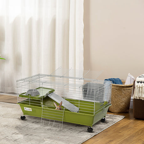 Mobile Small Animal Cage - Ideal for Small Rabbits, Guinea Pigs, PawHut, Green