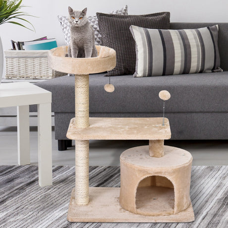 Mult Level Cat Tree for Indoor Cats with Scratching Post Bed Condo Perch, Kitten Climbing Tower, PawHut, Beige