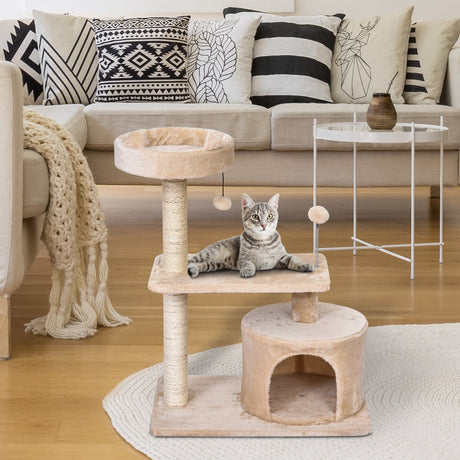 Mult Level Cat Tree for Indoor Cats with Scratching Post Bed Condo Perch, Kitten Climbing Tower, PawHut, Beige