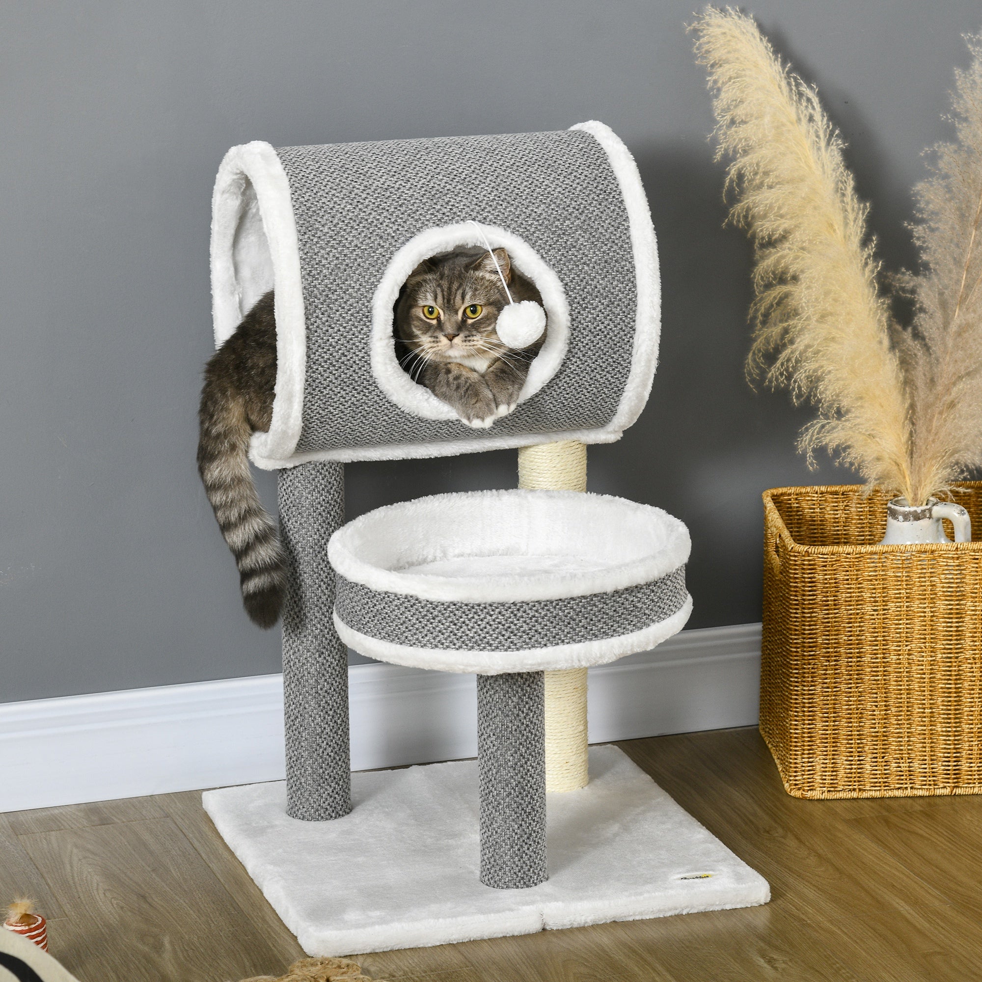Multi-Feature Cat Tree: Bed, Tunnel & Scratching Post 48 x 48 x 73 cm - White, PawHut,