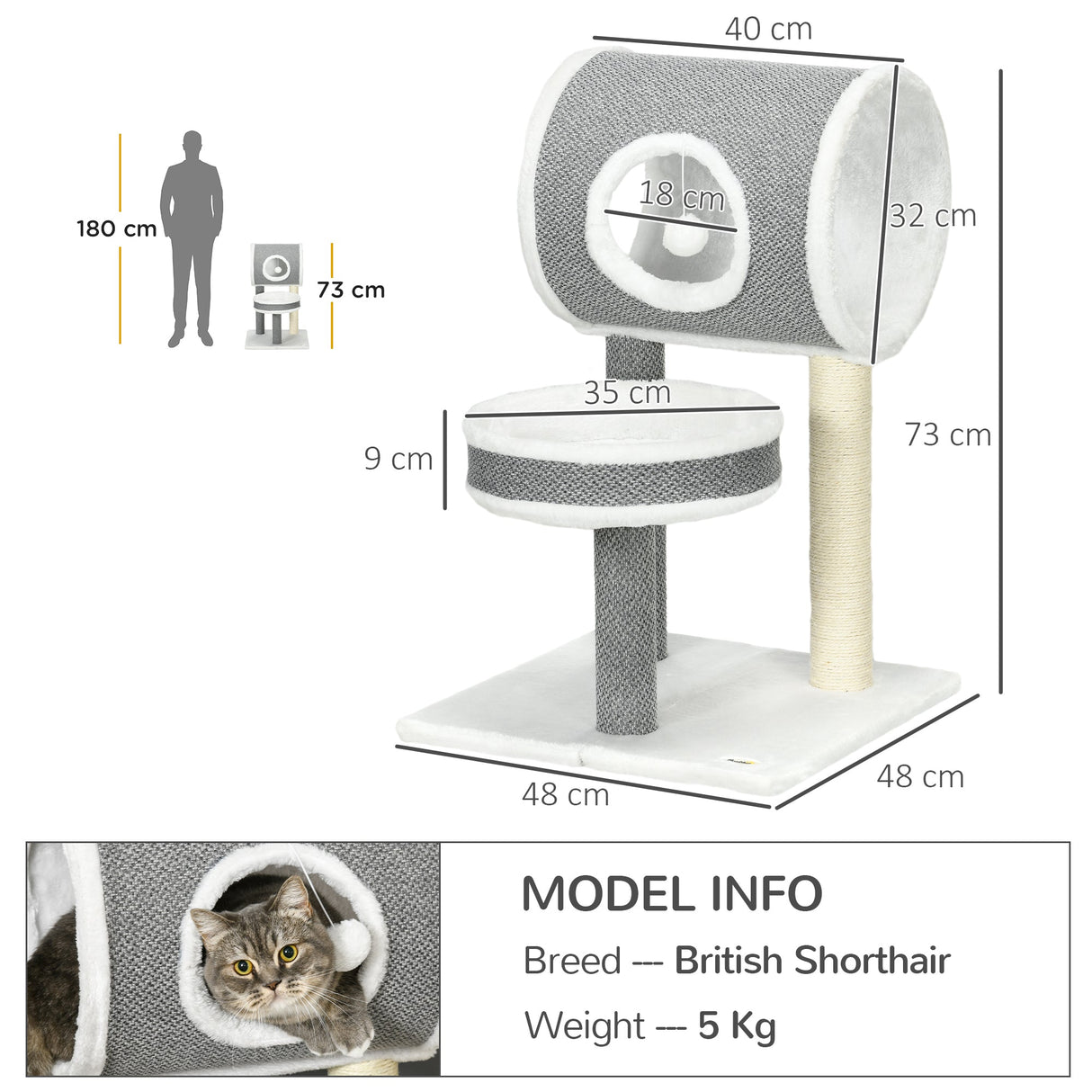 Multi-Feature Cat Tree: Bed, Tunnel & Scratching Post 48 x 48 x 73 cm - White, PawHut,