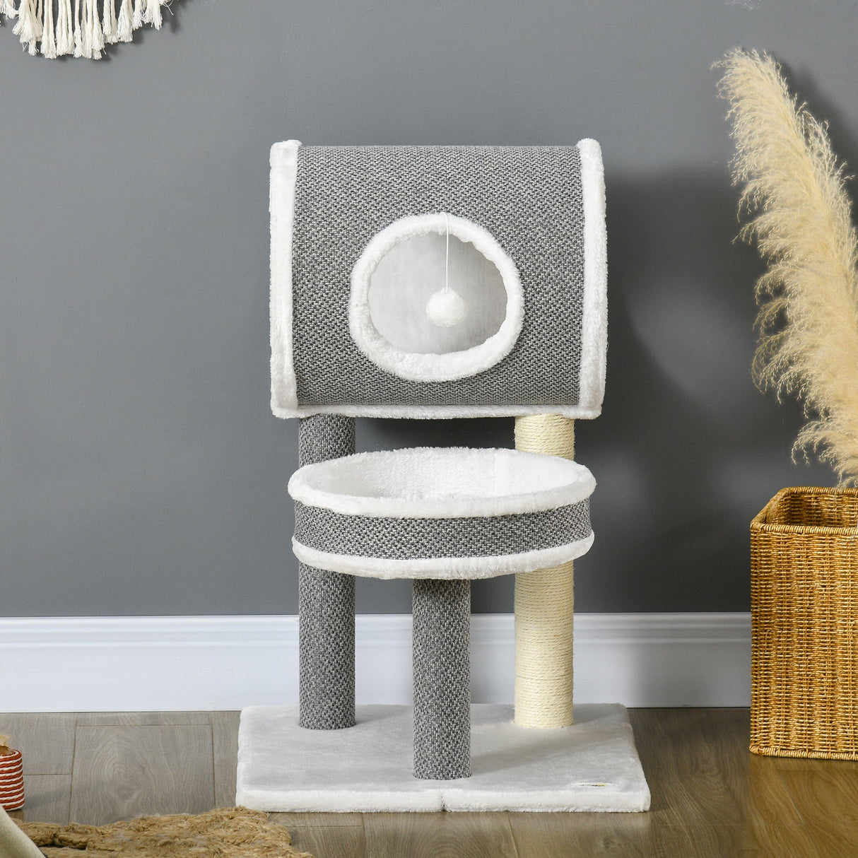 Multi-Feature Cat Tree: Bed, Tunnel & Scratching Post 48 x 48 x 73 cm - White, PawHut,