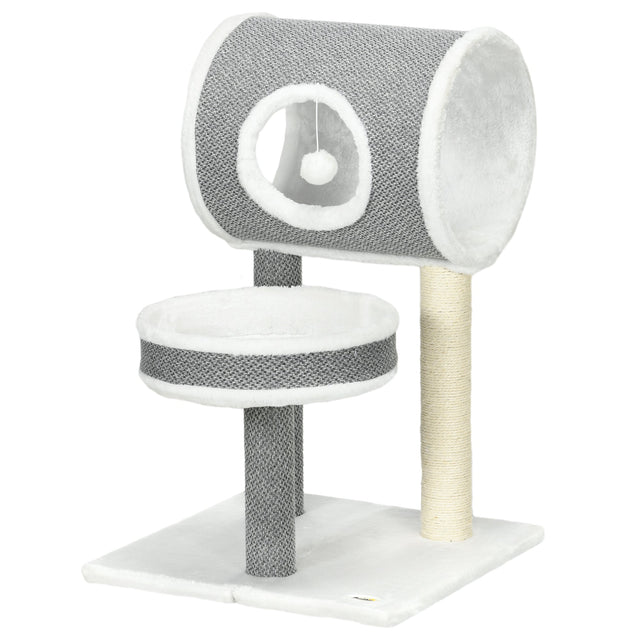 Multi-Feature Cat Tree: Bed, Tunnel & Scratching Post 48 x 48 x 73 cm - White, PawHut,