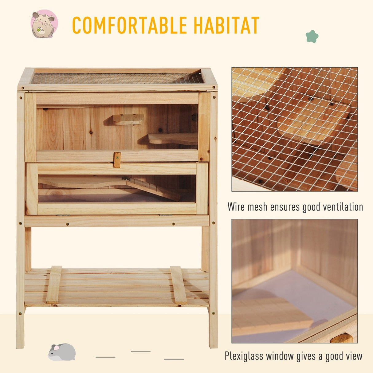 Multi-Level Wooden Hamster Cage with Storage - 60x40x80cm, PawHut,