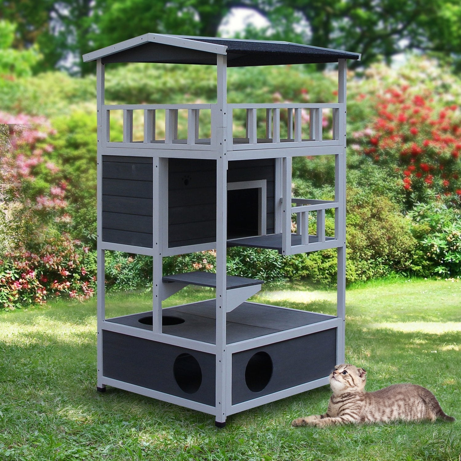 Multi-Tier Outdoor Wooden Cat House with Roof & Terrace, PawHut, Grey