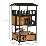 Multi-Tier Outdoor Wooden Cat House with Roof & Terrace, PawHut, Yellow