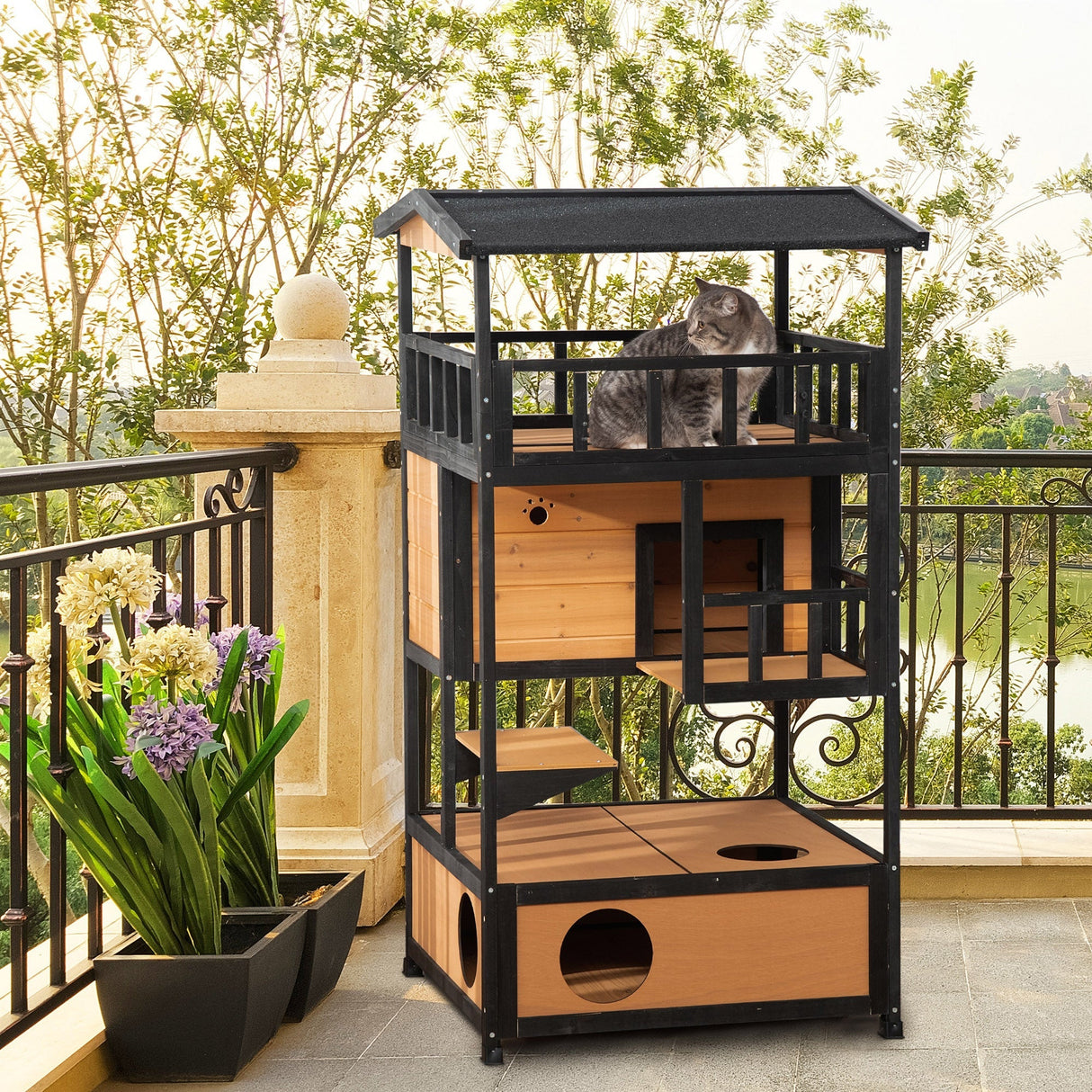 Multi-Tier Outdoor Wooden Cat House with Roof & Terrace, PawHut, Yellow