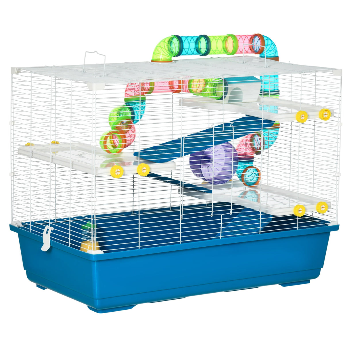 Multilevel Hamster Cage with Tubes, Wheel, Ramps - Blue, PawHut,