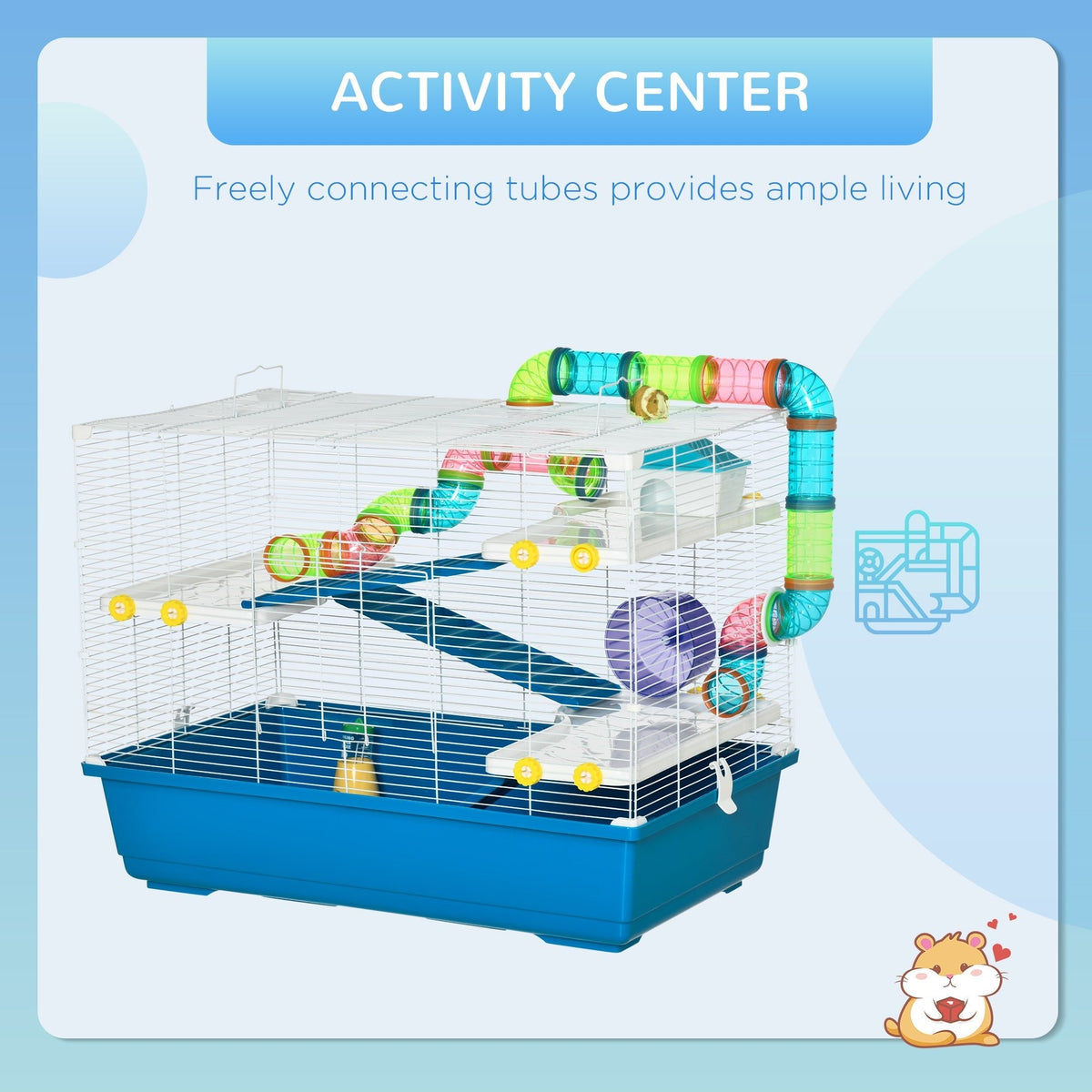Multilevel Hamster Cage with Tubes, Wheel, Ramps - Blue, PawHut,