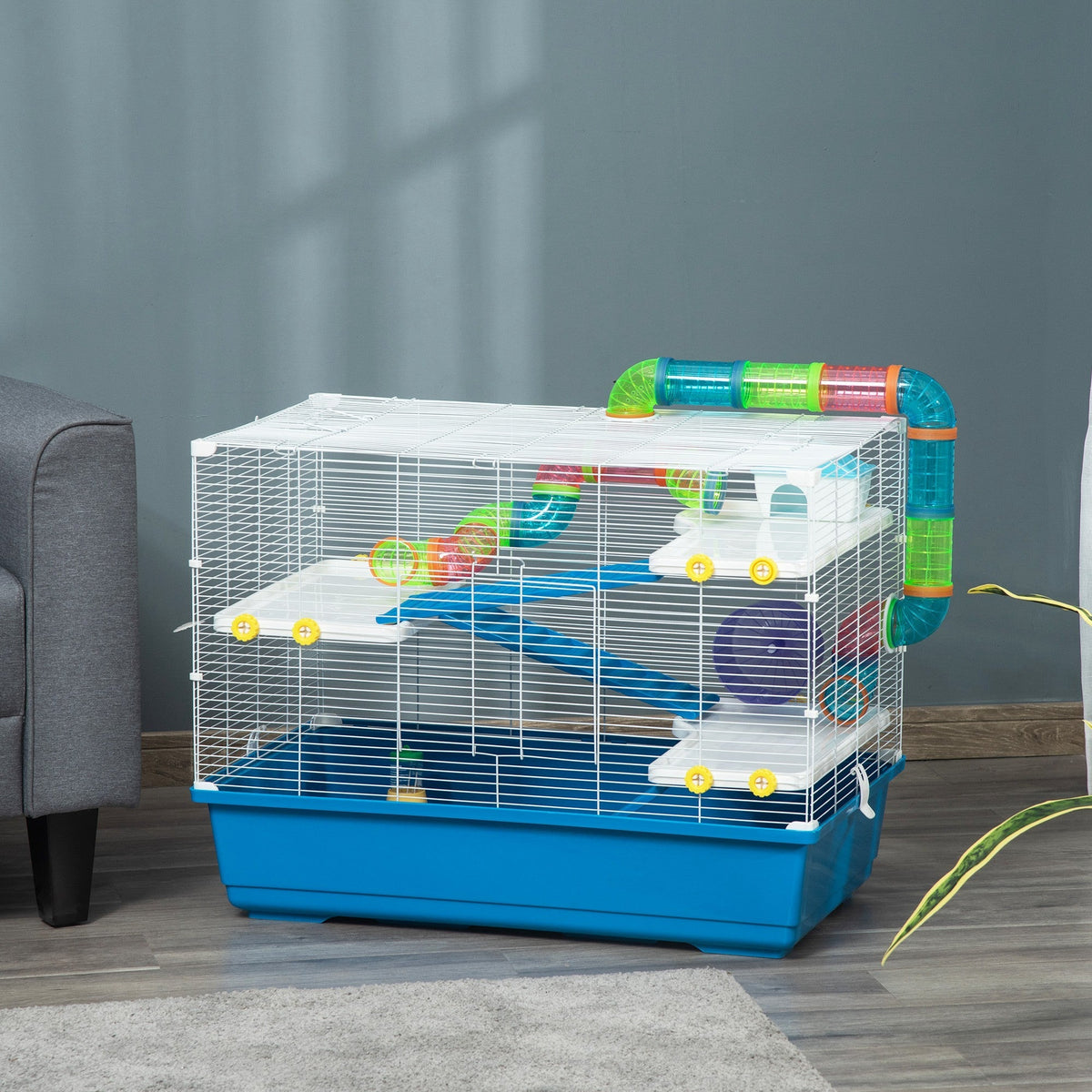 Multilevel Hamster Cage with Tubes, Wheel, Ramps - Blue, PawHut,