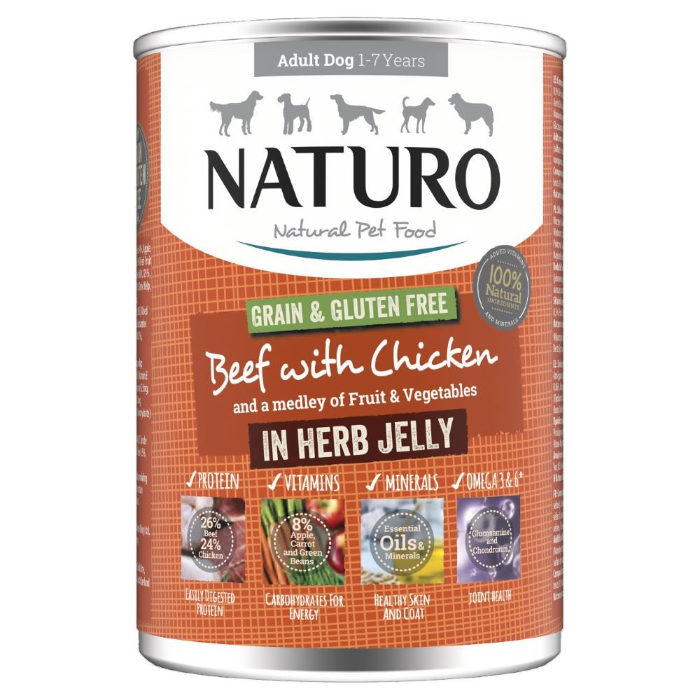 Naturo Adult Grain & Gluten Free Beef with Chicken in Herb Jelly 12x390g, Naturo,
