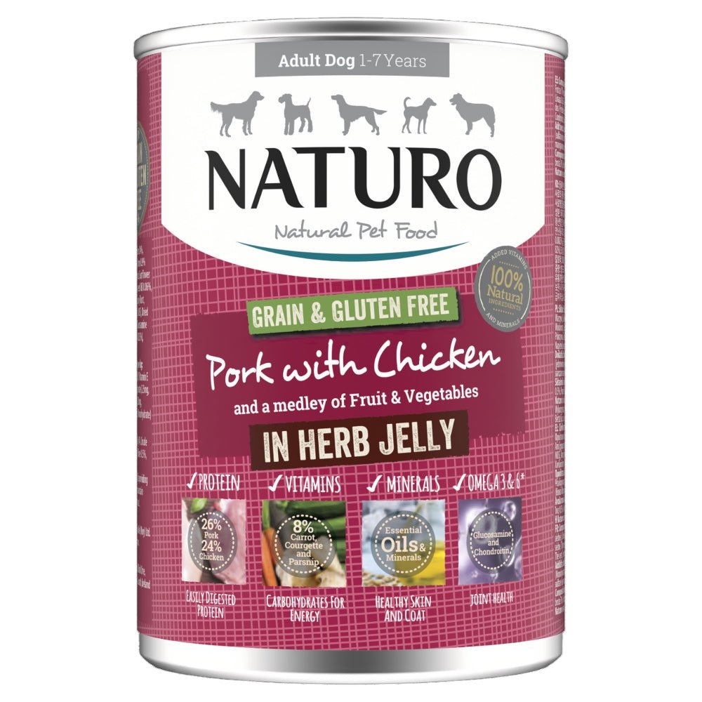 Naturo Adult Grain & Gluten Free Pork with Chicken in Herb Jelly Tins 12x390g, Naturo,