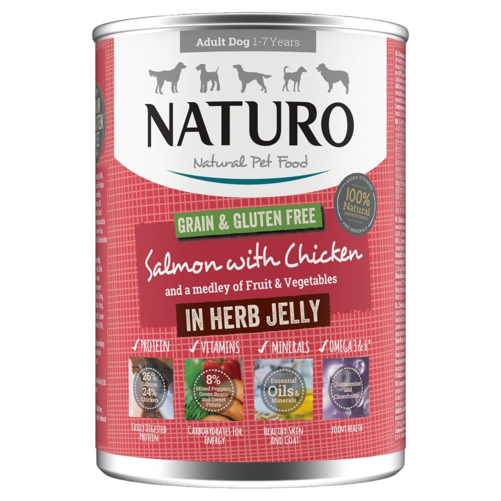 Naturo Adult Grain & Gluten Free Salmon with Chicken in Herb Jelly Tins 12x390g, Naturo,
