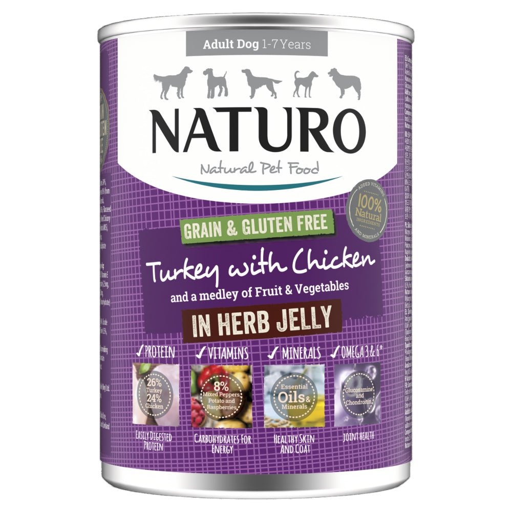 Naturo Adult Grain & Gluten Free Turkey with Chicken in Herb Jelly Tins 12x390g, Naturo,