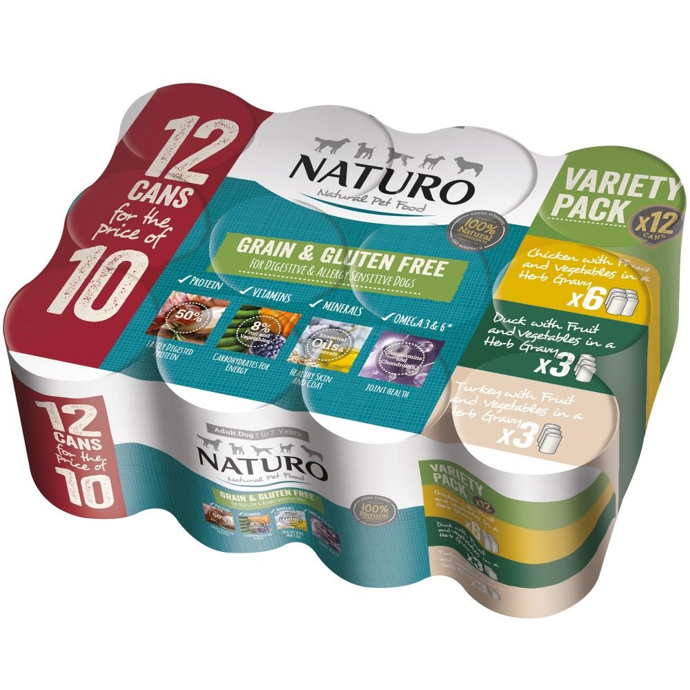 Naturo Adult Grain & Gluten Free Variety in Herb Gravy Tins 12 for 10 x 390g, Naturo,