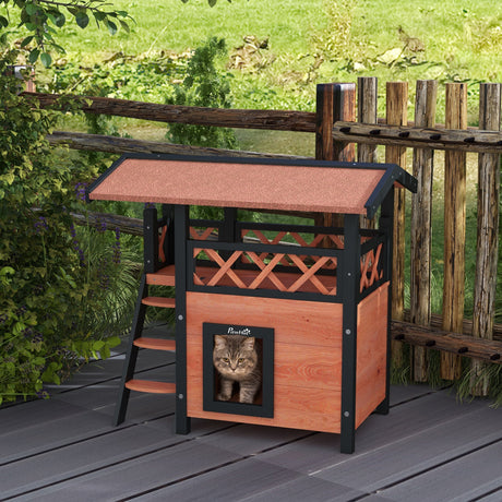 Outdoor Cat House with Balcony & Asphalt Roof | Cats up to 4 kg, PawHut, Brown