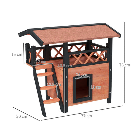 Outdoor Cat House with Balcony & Asphalt Roof | Cats up to 4 kg, PawHut, Brown