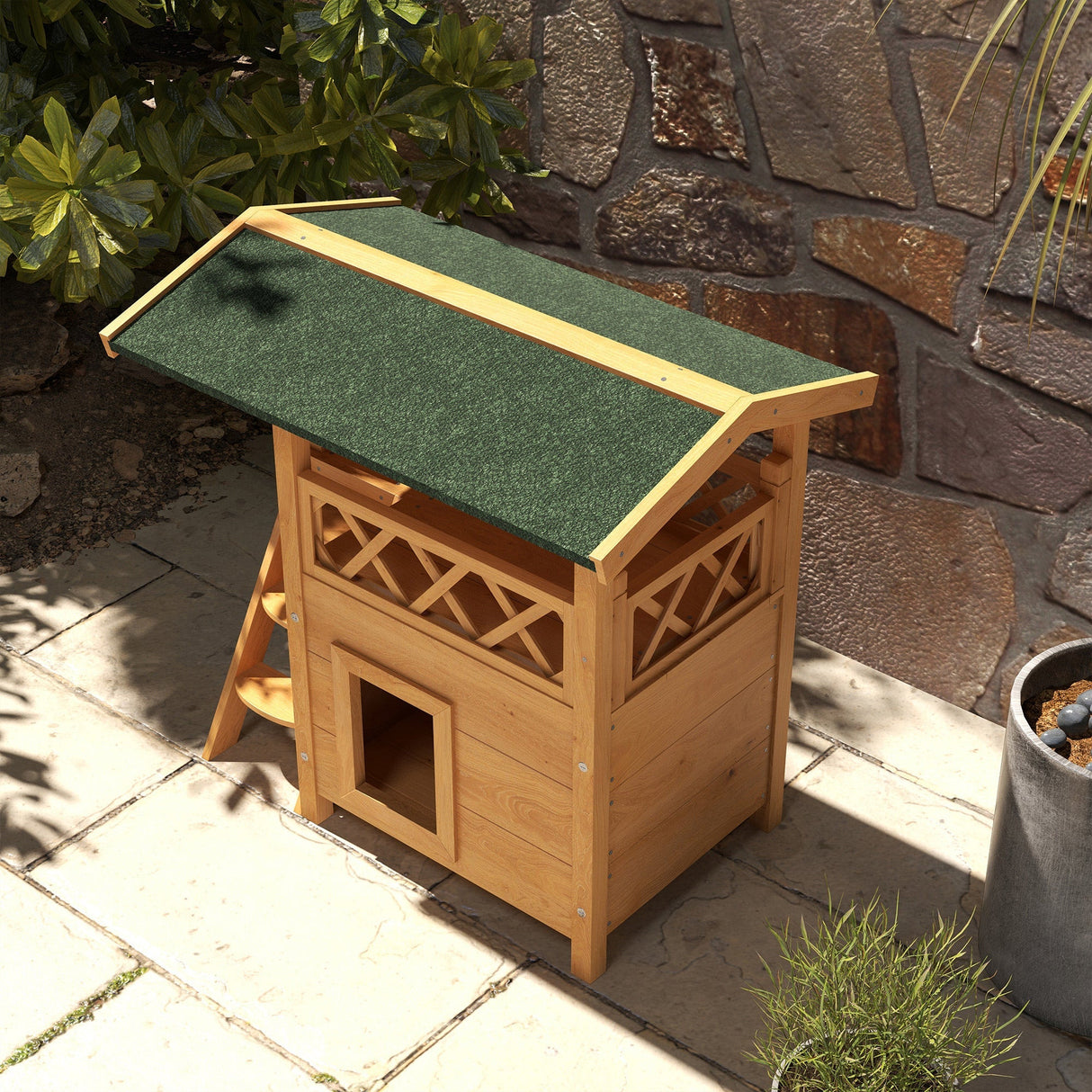 Outdoor Cat House with Balcony & Asphalt Roof | Cats up to 4 kg, PawHut, Natural