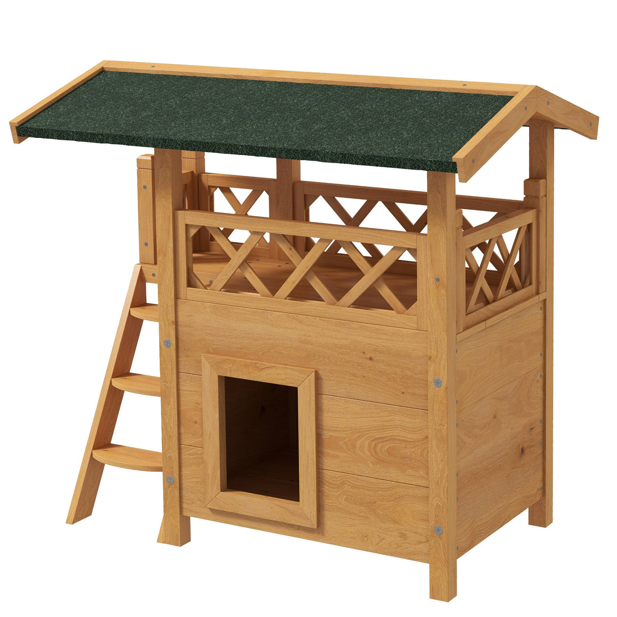 Outdoor Cat House with Balcony & Asphalt Roof | Cats up to 4 kg, PawHut, Natural