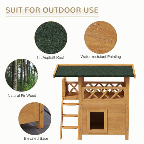 Outdoor Cat House with Balcony & Asphalt Roof | Cats up to 4 kg, PawHut, Natural