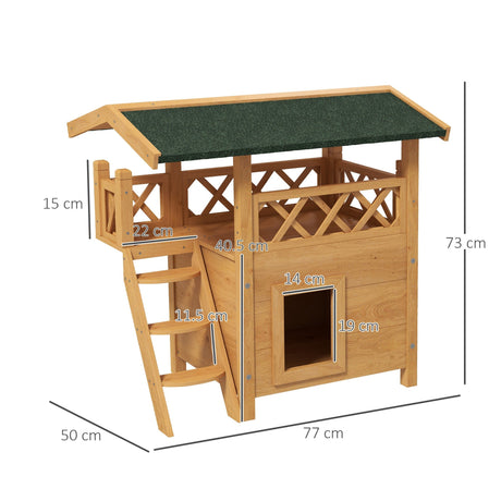 Outdoor Cat House with Balcony & Asphalt Roof | Cats up to 4 kg, PawHut, Natural