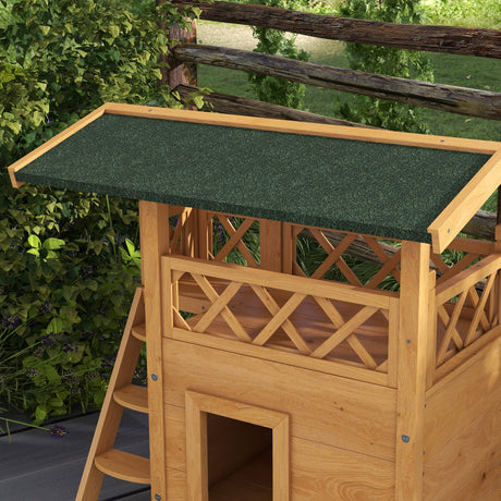 Outdoor Cat House with Balcony & Asphalt Roof | Cats up to 4 kg, PawHut, Natural