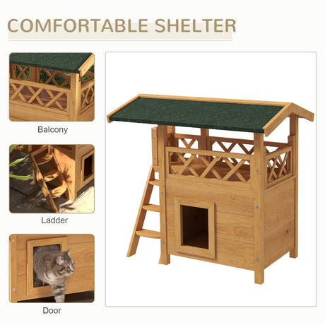 Outdoor Cat House with Balcony & Asphalt Roof | Cats up to 4 kg, PawHut, Natural