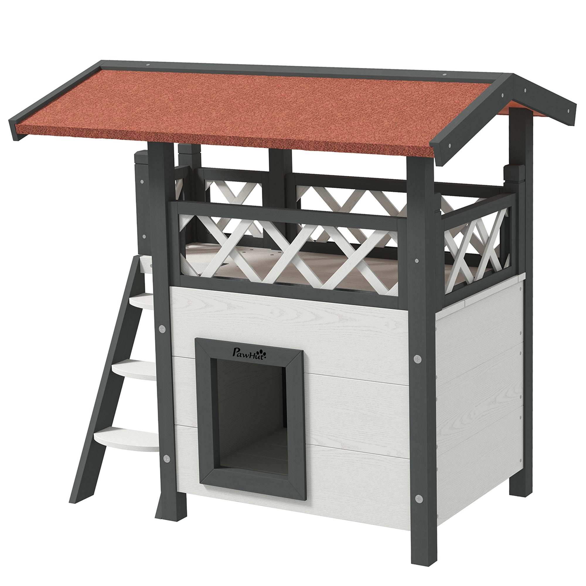 Outdoor Cat House with Balcony & Asphalt Roof | Cats up to 4 kg, PawHut, White