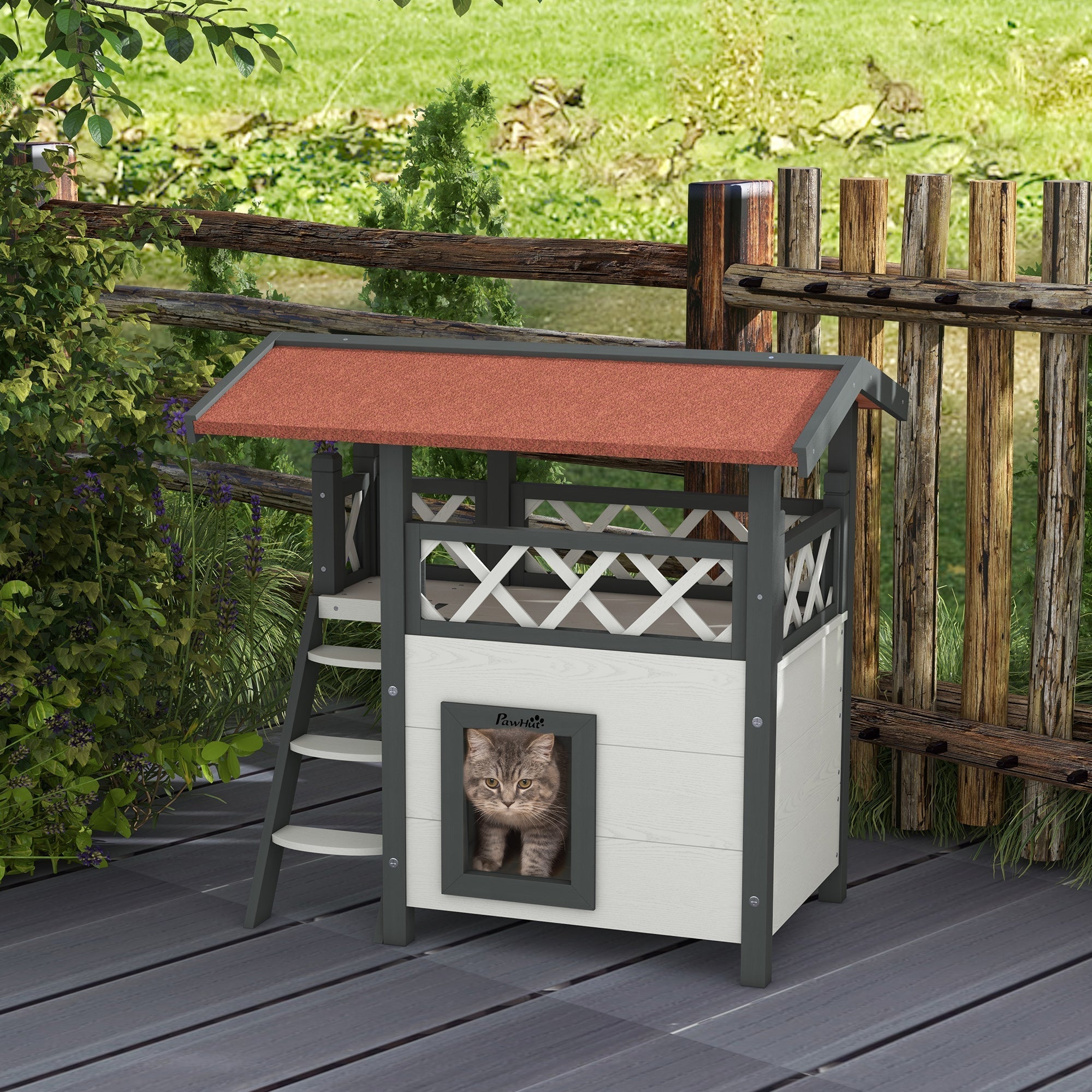 Outdoor Cat House with Balcony & Asphalt Roof | Cats up to 4 kg, PawHut, White
