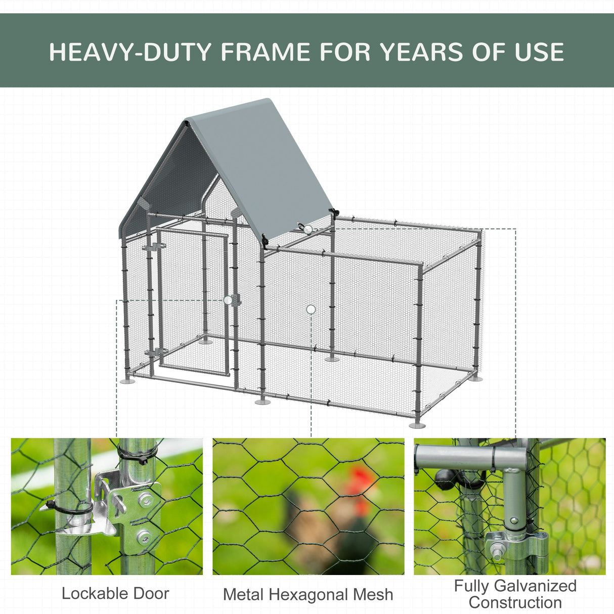 Outdoor Chicken Run for 4-6 Birds, Galvanised Metal Enclosure, PawHut,