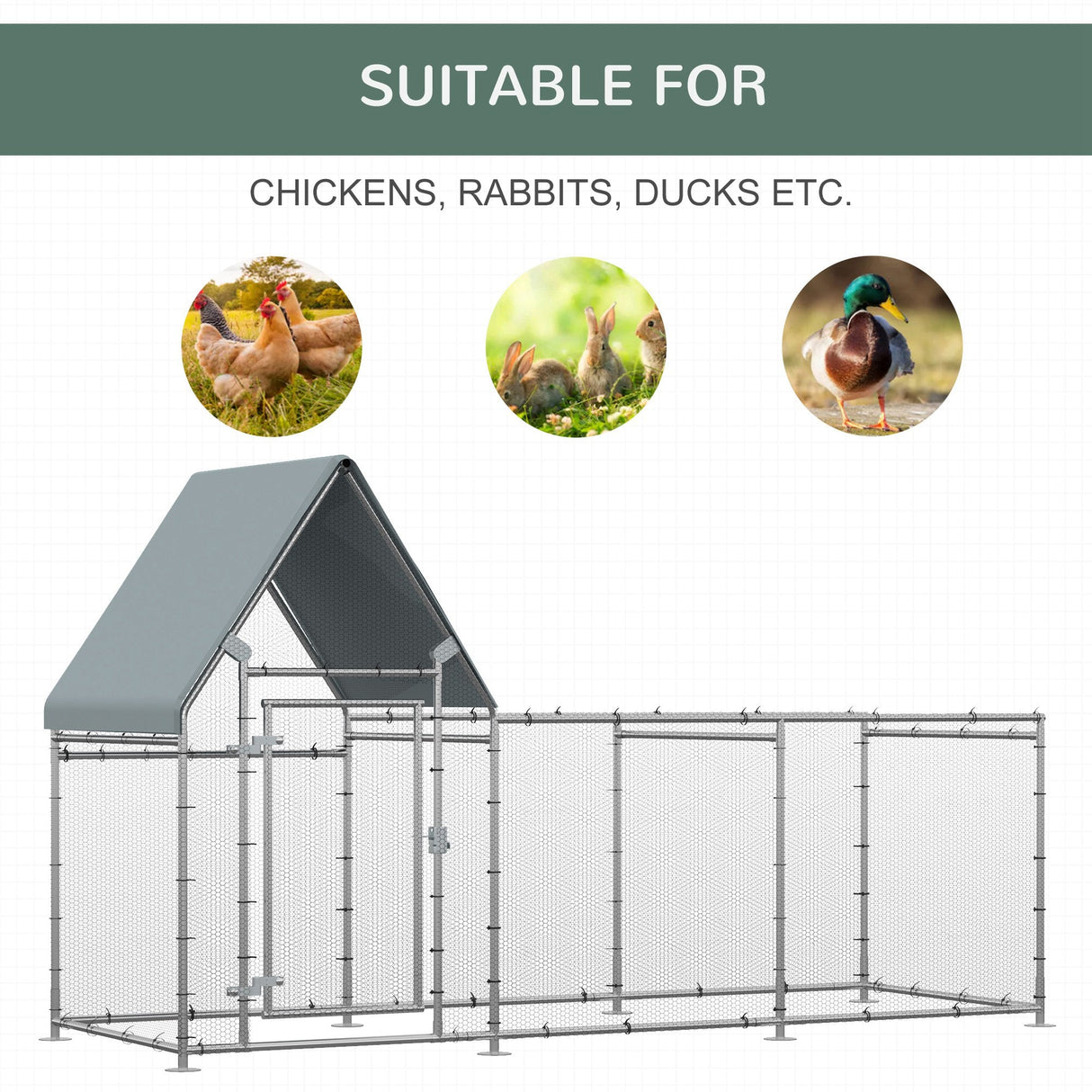 Outdoor Chicken Run for 6-8 Birds, Galvanised Metal Enclosure, PawHut,